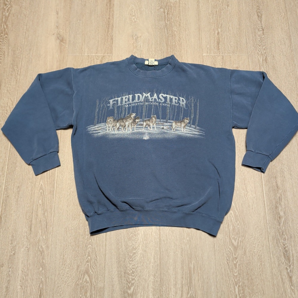 Vintage 90s Fieldmaster Wolf Sweatshirt Mens Large Blue Majestic Woodlands USA